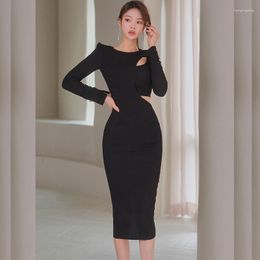 Casual Dresses Elegant Party Dress Black Hollow Long Sleeve Pencil 2023 Fashion Slim Bodycon Office Lady