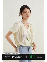 Women's Blouses ZIQIAO Elegant Apricot French Acetate V-neck Shirt For Women 2023 Summer Chic Sense Loose High-end Temperament Top Female