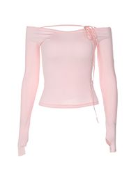 Women s T Shirt Dour y Women s Spring Autumn Slim Crop Tops Solid Colour Long Sleeve Off Shoulder Bandage T shirt 230705