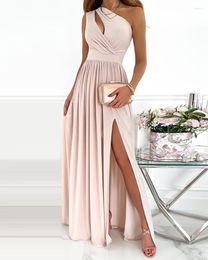 Casual Dresses One Shoulder Cutout High Slit Evening Dress Women Waist Formal Long Party Solid Colour Spring Summer