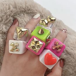 Band Rings 3pcs Fashion Multicolor Resin Acrylic Geometric Square Ring Set for Women Punk Gold Color Rivet Big Thick Rings Jewelry 230706