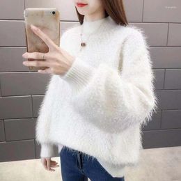 Women's Sweaters Turtleneck Sweater Autumn Winter Bright Silk Loose Furry Women