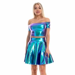 Two Piece Dress Women Skirt Set Faux Leather Tank Tops Sexy Slash Neck Off Shoulder Metallic Crop Top Short VestsStage Club Party Pleated Skirt 230705