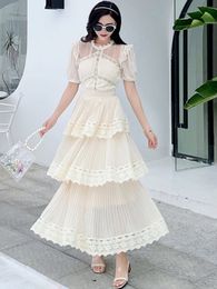 Basic Casual Dresses HMA Arrival Beige Lace Long Dress High Qulity Luxury Design Runway Dress Short Sleeve Ruffle Summer Dresses Vestidos 230706