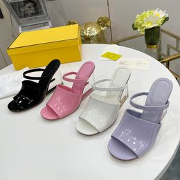 Clear Crystal Wedge Slippers Sculpted High-heeled Slippers Metallic High Heels Open Toes Slip-on Slides Patent Leather Sandals for women