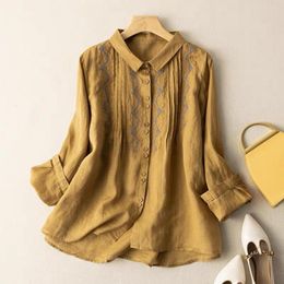 Women's Blouses Women Fall Shirt Lapel Long Sleeve Embroidery Decor Lady Blouse Loose Vintage Casual OL Style Buttons Top Spring