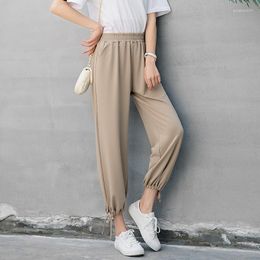 Women's Pants Summer Wide-leg Women Lacing Autumn Elastic Waist Ankle-Length Casual Korean Loose Harem Bloomers Trousers