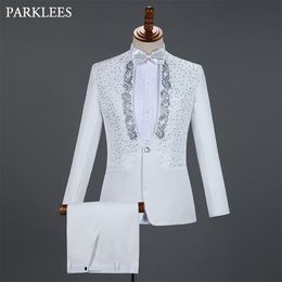 White Embroidered Suit Men Diamond Wedding Groom Tuxedo Suits Men Stage Singer Costume Homme Party Prom Mens Suits with Pants300j