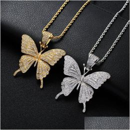 Pendant Necklaces Hip Hop Butterfly Shape Necklace For Men Women Iced Out Bling Animal Gold Sier Twisted Chain Hiphop Rapper Jewelry Dhkk9