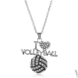 Pendant Necklaces New I Love Volleyball Crystal Letter Heart Basketball Football Sier Chains For Women Fashion Sports Jewelry Gift D Dhbly