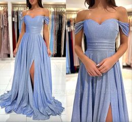 Blingbling Sequined Evening Dresses A Line Off Shoulder Split Front Prom Dress Pleats Ruffles Long Bridesmaids Party Gowns
