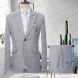 Men's Suits Blazers 2023 Light Grey Stripe Mens 2Pieces Suit Terno Slim Fit Formal Office Wedding Groom Tuxedo Tailcoat For Male Fashion Cloth 230705