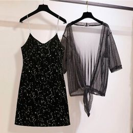 Women's Plus Size Pants 150Kg Summer Vneck Sequin Shoulder Strap Dress Lace Shawl Bust 149cm 5XL 6XL 7XL 8XL 9XL Black Fashion Casual Set 230705