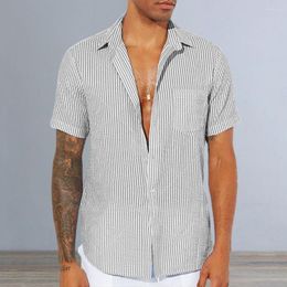 Men's Casual Shirts Men Summer Shirt Striped Print Short Sleeve Single-breasted Lapel Beach Patch Pocket Top