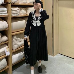Casual Dresses Long Sleeve Dress Women Sailor Collar Design Japanese Style Lovely Retro Trendy Mid-calf Pleated Students All-match Spring