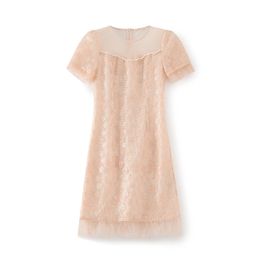 2023 Summer Apricot Solid Colour Panelled Lace Dress Short Sleeve Round Neck Knee-Length Casual Dresses W3L043910