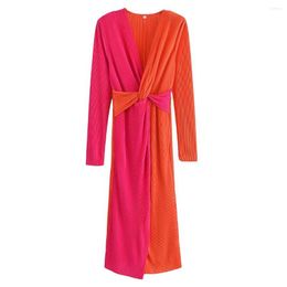 Casual Dresses Women 2023 Fashion Summer Color-block Pleated Dress Vintage Long-sleeve Chic Female Midi Vestidos Robe Mujer