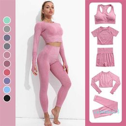 New Yoga Suit Long Sleeve Seamless Tight Fitness Pants Tank Top Elastic Sports Yoga Suit Women's Set