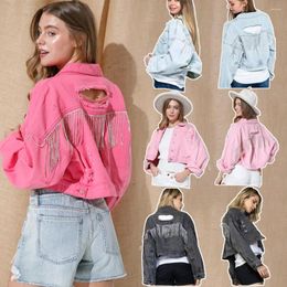 Women's Jackets 2023 Hole Denim Jacket Coat Women Splice Rhinestone Tassel Long Sleeve Streetwear Korean Fashion Short Tops Spring Autumn Cl