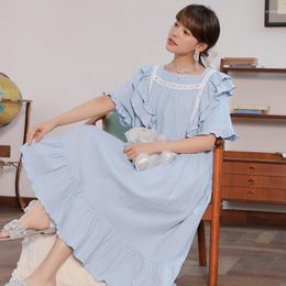 Women's Sleepwear Female Nightgown Sweet Girl Ruffles Long Nightdress Retro Court Style Home Dress Summer Casual Cotton Loungewear