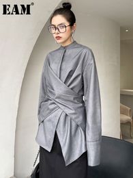 Women's Blouses Shirts EAM Women Grey Irregular Knot Big Size Blouse Stand Collar Long Sleeve Loose Fit Shirt Fashion Spring Autumn 1DD58110 230705