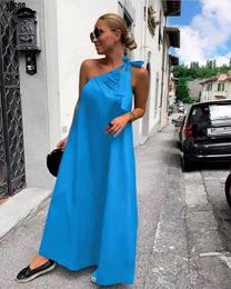 Casual Dresses Solid Cotton And Linen Women's Diagonal Collar Sleeveless Lace Up Loose Long Dress Summer Female Chic Home Wear