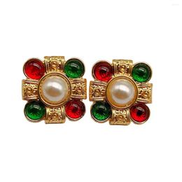 Stud Earrings Small Fragrant Style Medieval Vintage Retro Hong Kong High Grade Colorful Treasure Beads Light Luxury