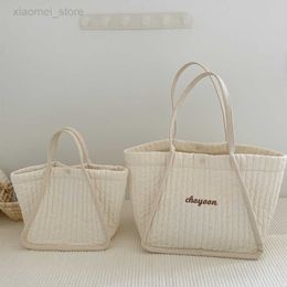 Diaper Bags White Cotton Mommy Bag Text Embroidery Out Large Capacity Buckle Shoulder Bag Can Be Customised Korea Import Quilted Fabric HKD230706