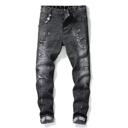 mens rivets stitching black jeans trendy streetwear slim stretch denim pants tattered splash paint hole jeans nails beggar pants270s