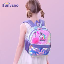 Backpacks Sunveno Children s Backpack for Girls Pre School Bag Kindergarten Elementary Reversible Sequin Unicorn Lightweight Gift 230705