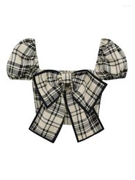 Women's Blouses Summer Women Vintage Bow Plaid Short Sleeve Shirts Square Collar Crop Top Korean Fashion Design Kawaii Gyaru Coquette