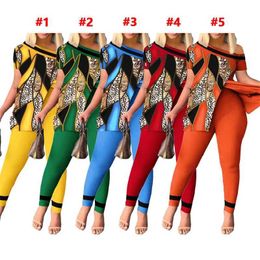 Women Tracksuits Summer Designer Two Piece Set 2023 New Leopard Print Pattern Hem Split Short Sleeved Pants Matching Sets