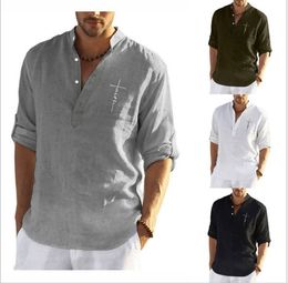 2023 New Men's Casual Shirts Cotton and Hemp Solid Long Sleeve Shirt Loose Standing Neck Wear