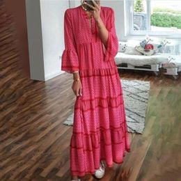 Casual Dresses Summer Women Printed Patchwork Maxi Dress V Neck Bell Sleeve Loose Vacation Beach