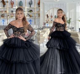 Sexy Black Lace Corset Evening Pageant Dresses Puffy Tiered Tulle Princess Ball Gowns With Long Sleeves Off Shoulder Women Special Occasion Formal Prom Dress CL2532