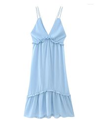 Casual Dresses Women Sexy Backless V Neck Blue Sling Dress Sleeveless Female Holiday Summer Vestido Midi Robe