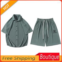 Men's Tracksuits Summer Ice Silk Thin Cropped Short Sleeves Shirt Loose High-Grade Drape Casual Half-Length Suit