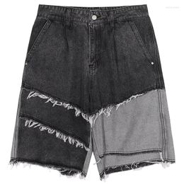 Men's Shorts Vintage Tassels Rough Edge Patchwork Colour Denim Mens Distressed Washed Asymmetry Jeans