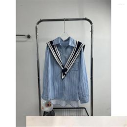Women's T Shirts 2023 Spring/Summer Loose Versatile Navy Tie Vertical Stripe Blue Shirt Curved Bottom