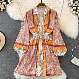 Casual Dresses 2023 Elegant Boho Mini Dress For Women Printed Lapel Deep V-Neck Long Sleeve Female Short Robe Vacation Vintage SR649