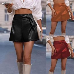 Women's Shorts Women Mini Skirt High Waist Belt Decor Glossy Surface Faux Leather A-line Solid Colour Lady Club