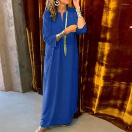 Casual Dresses Women Maxi Dress Solid Color V Neck Robe Loose Three Quarter Sleeves Ankle Length Vacation For Summer