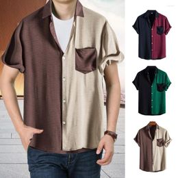 Men's Casual Shirts Cotton Linen Short-Sleeved Short Sleeve Single Breasted Pocket Shirt Patchwork Colour Turn-down Collar Stylish Top