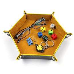 Folding Game Dice Tray Desktop Box Foldable Storage Box Key Coin PU Leather Tray Hexagonal Velvet Polygon Desktop Organize Decorative Office Home Supplies In Stock