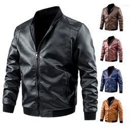 Men's Jackets Leather Jacket Motorcycle Trendy Spring And Autumn Casual Solid Colour Zipper Coat Stand Collar Long Sleeve Fashion Clothes