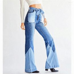Women's Jeans High Waist Flare 2023 Autumn Fashion Pants Splicing Denim Trousers Wash Blue Long Streetwear Women