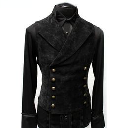 Men's Vests Mens Double Breasted Gothic Steampunk Velvet Vest Stand Collar Medieval Victorian Black Waistcoat Men Stage Cosplay Prom Costume 230705