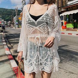 Women's Swimwear Summer Bikini Cover Up See-through Lace Women Beach Dress Hollow Out Flower Embroidery Vacation Clothes