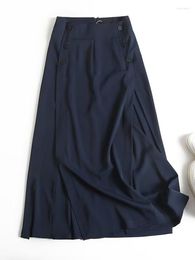 Skirts YENKYE Women Navy Blue Button Decoration Sexy Slits Long Skirt Vintage High Waist Office Ladies Elegant