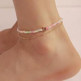 Anklets Summer Candy Colour Rice Beads Anklet For Women Girls Cute Five-pointed Star Pendant Metal Chain Multilayer Foot Jewellery